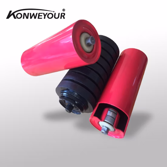 Cinta transportadora HDPE Nylon Plástico Acero Entrenamiento autoalineante Transportador Canal Disco recubierto de caucho Desplazamiento de impacto Retorno plano Guía de ala Rodillo de guirnalda